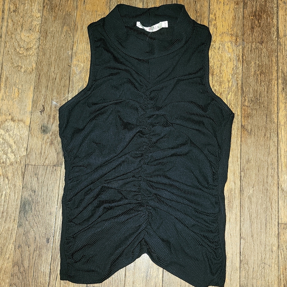 New! Lightweight Ruched Ribbed Sleeveless Mock Neck Top